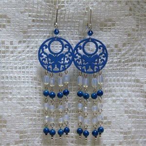 Handmade Blue Wooden Butterflies, Opalite, & Fossil Stone Chandelier Earrings